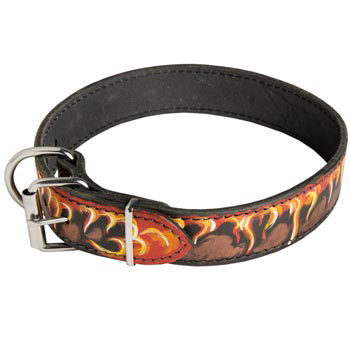 Buckle Leather Dog Collar with Fire Flames for Schutzhund Dog