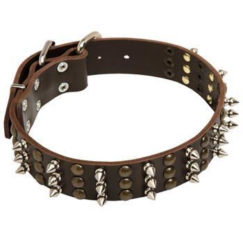 Schutzhund Dog Handmade Leather Collar 3  Studs and Spikes Rows