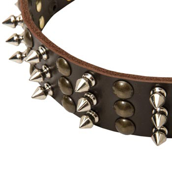 3 Rows of Spikes and Studs Decorative Schutzhund Dog  Leather Collar