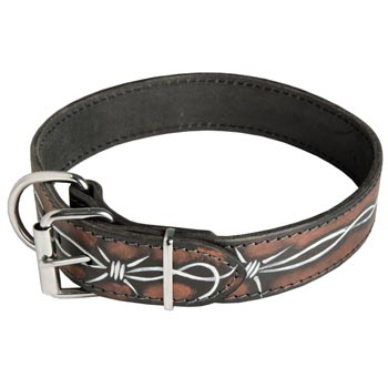 Schutzhund Dog Collar Leather Handmade Painted in Barbed Wire for Walking Dog