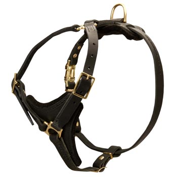 Schutzhund Dog Harness Black Leather with Padded Chest Plate for Training