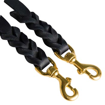 Braided Leather Schutzhund Dog Coupler with Brass Snap Hooks