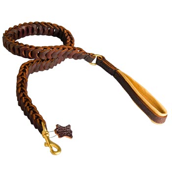 Braided Leather Schutzhund Dog Leash with Padding on Handle