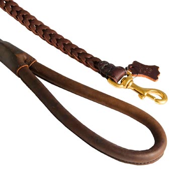 Braided Leather Schutzhund Dog Leash with Brass Snap Hook