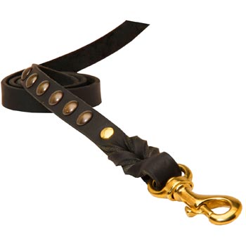 Leather Dog Leash Studded Equipped with Strong Brass Snap Hook for Schutzhund Dog